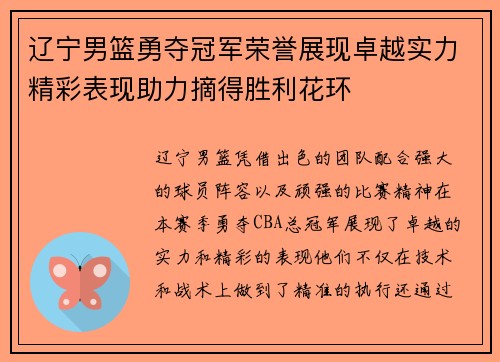 辽宁男篮勇夺冠军荣誉展现卓越实力精彩表现助力摘得胜利花环