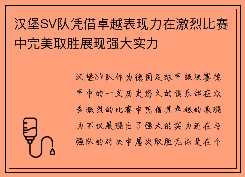 汉堡SV队凭借卓越表现力在激烈比赛中完美取胜展现强大实力